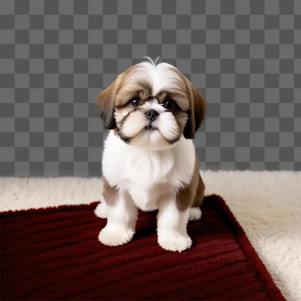 Shih tzu dog with white and brown fur sitting on red rug