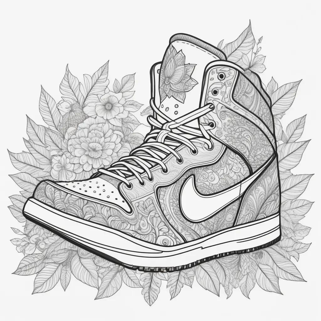 Shoe Coloring Pages features a black and white illustration of a shoe surrounded by flowers