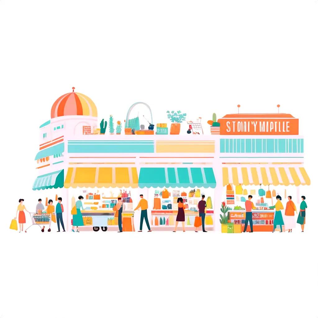 Shopping illustration with colorful buildings and people