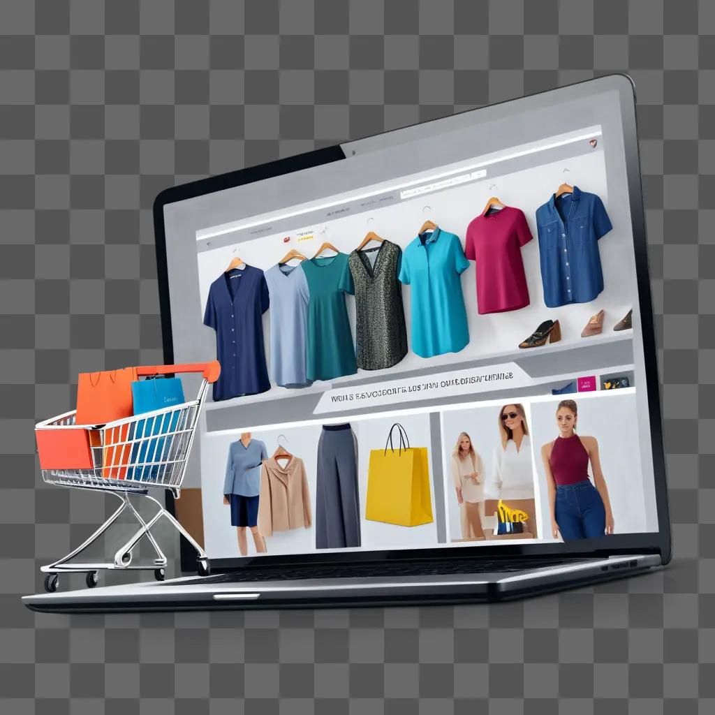 Shopping online through laptop with a shopping cart and womens clothing displayed