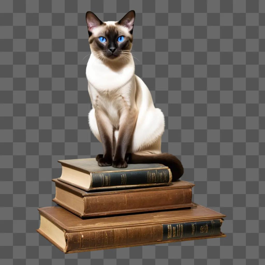 Siamese cat sits on a stack of books