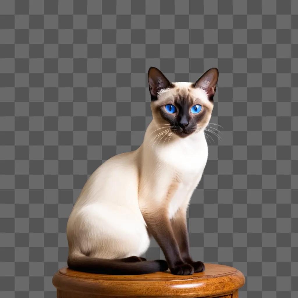 Siamese cat sits on a stool in a studio setting