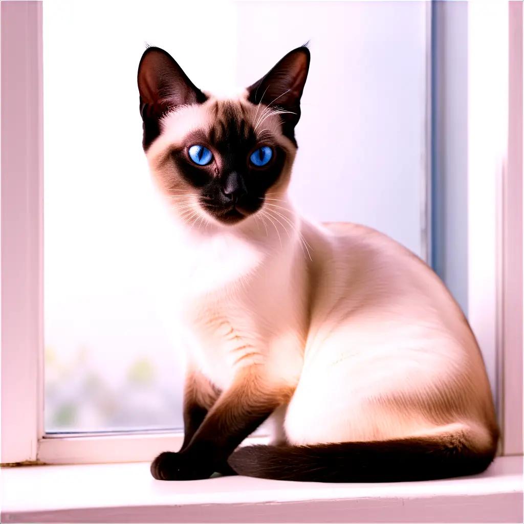 Siamese cat sits on a window sill