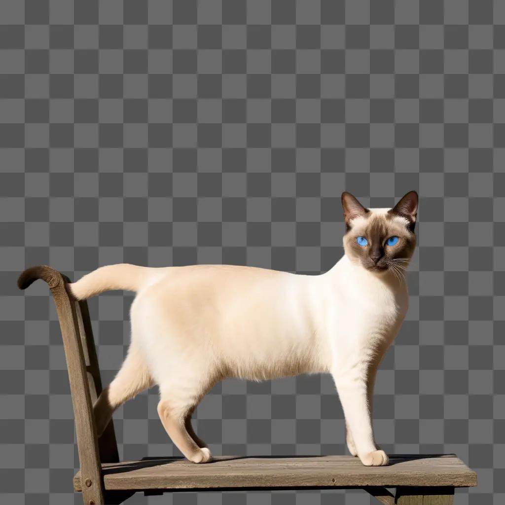 Siamese cat stands on a wooden bench