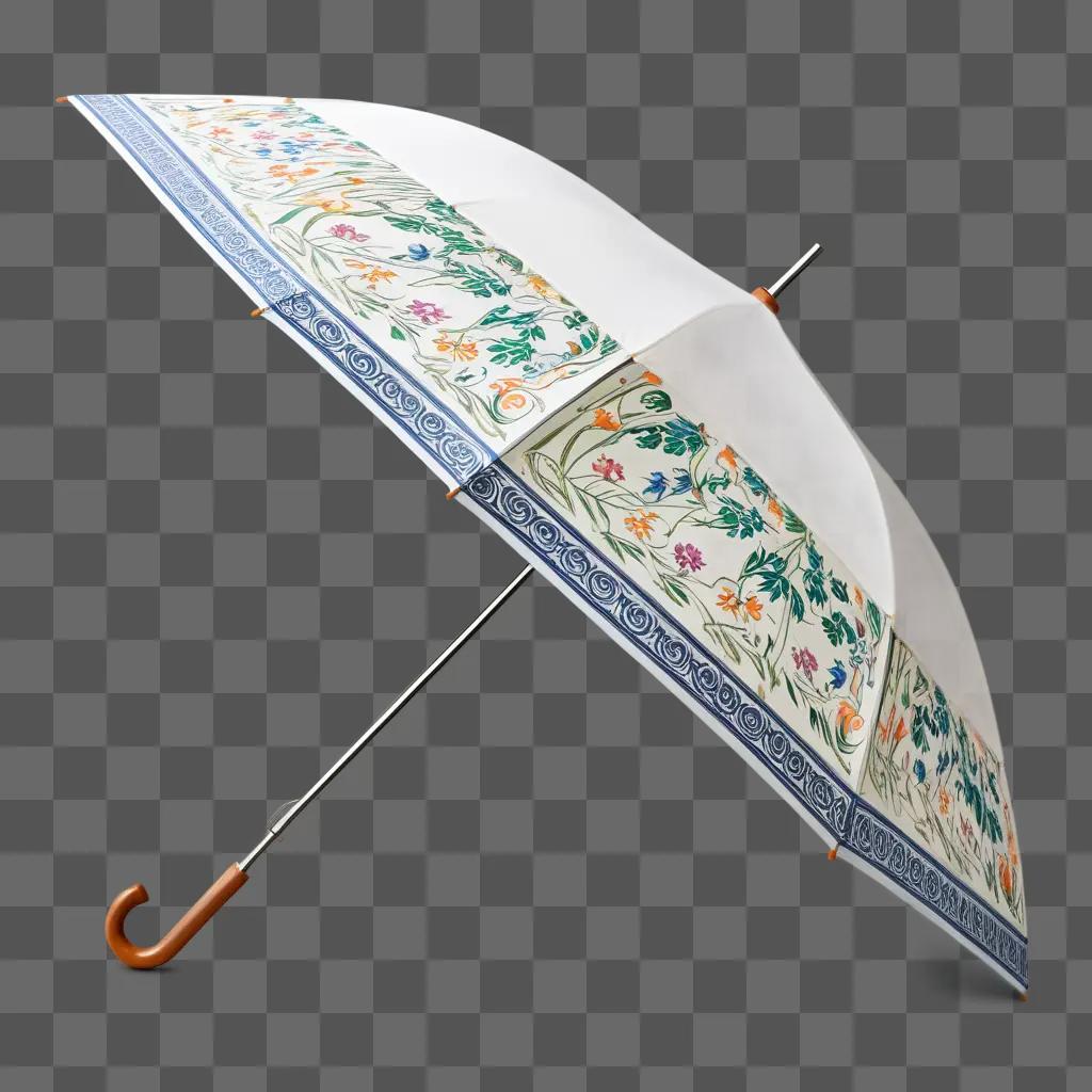 Side view of a drawing of a white umbrella with floral designs