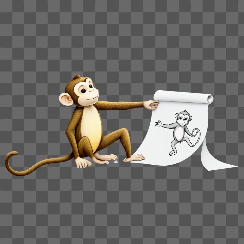 Side view of a monkey holding a paper with a drawing on it