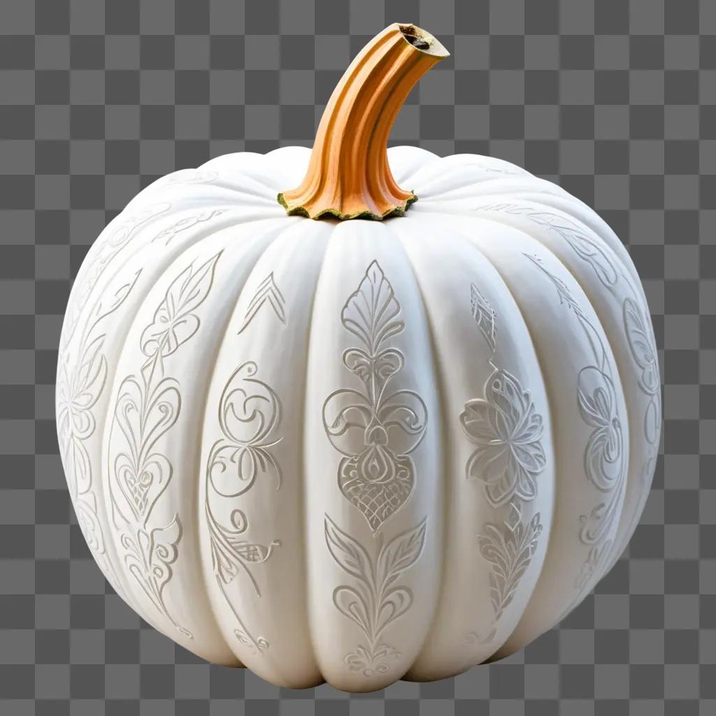 Side view of a white pumpkin with intricate designs