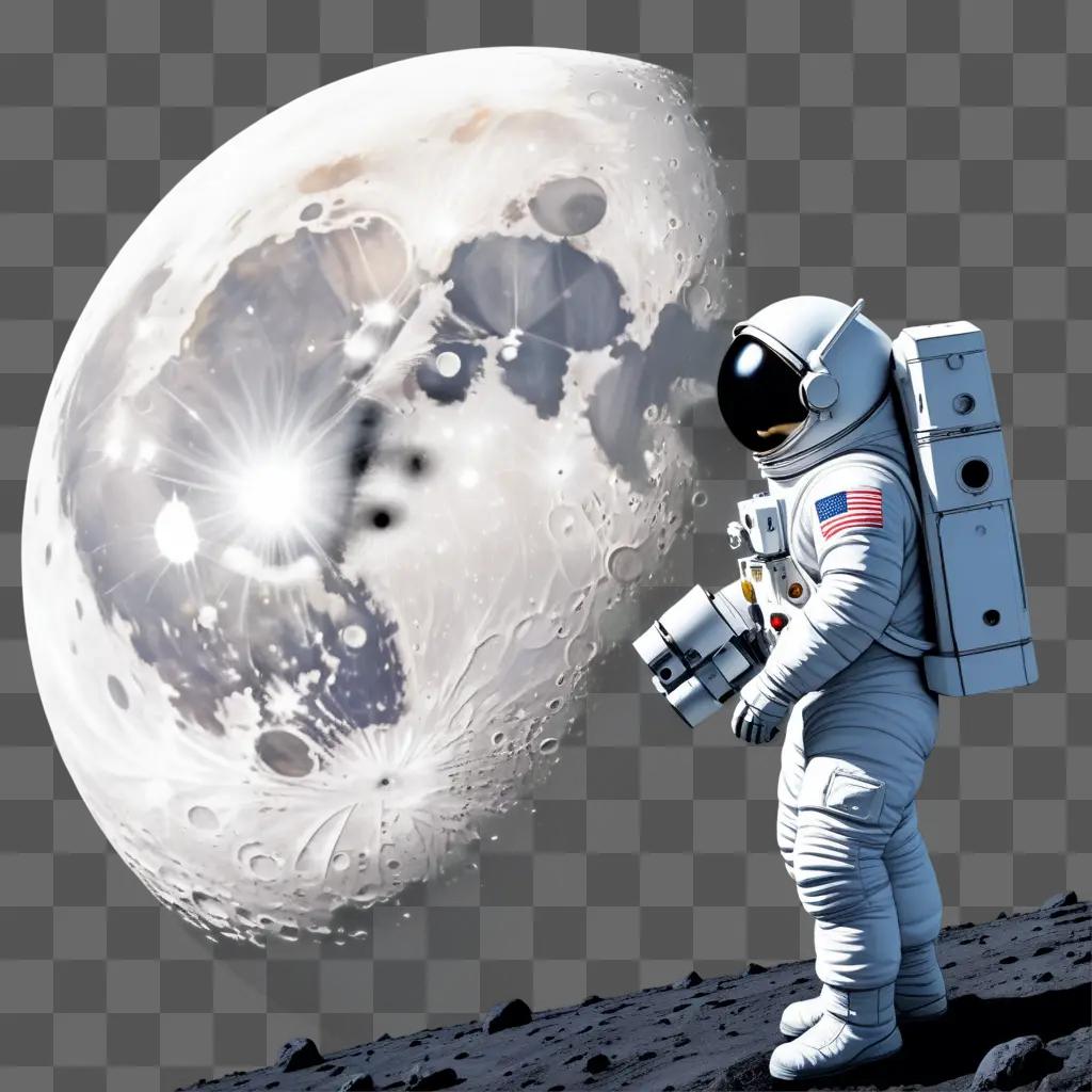 Side view of astronaut standing next to a moon drawing