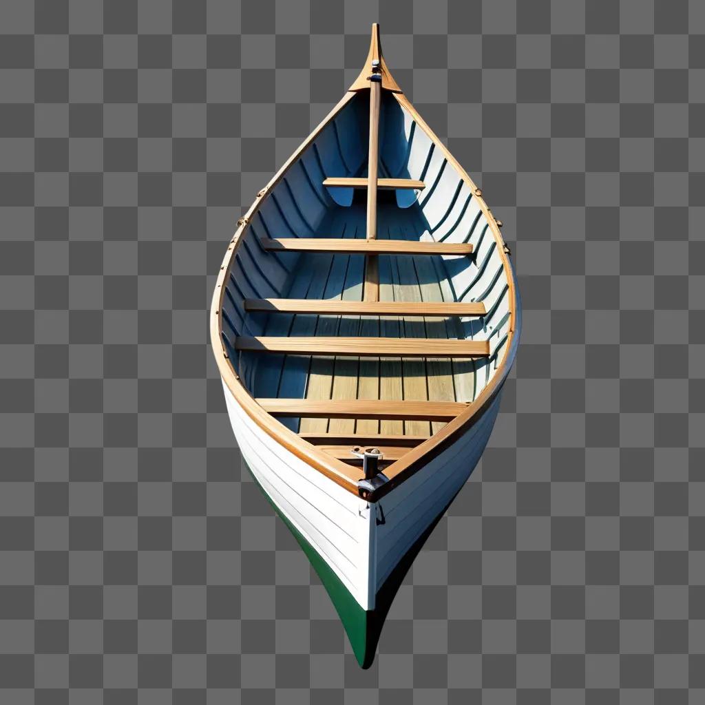 木製の側面と緑の底を持つボートの側面図
