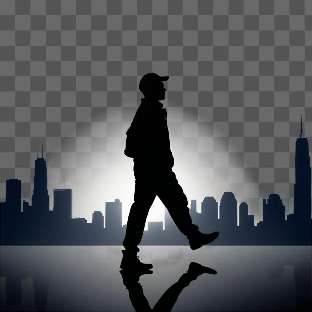 Silhouette of a man walking in a city at night