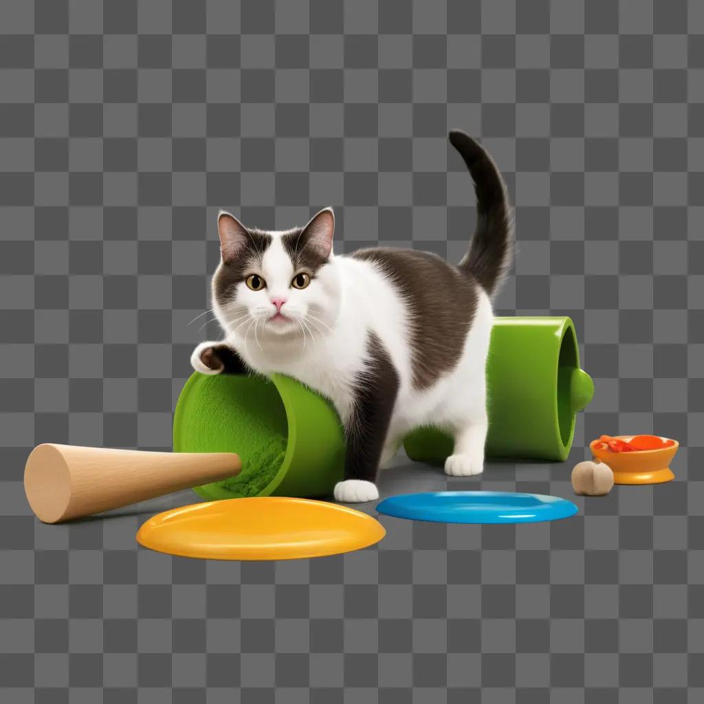 Silly cat in play with toys on green surface