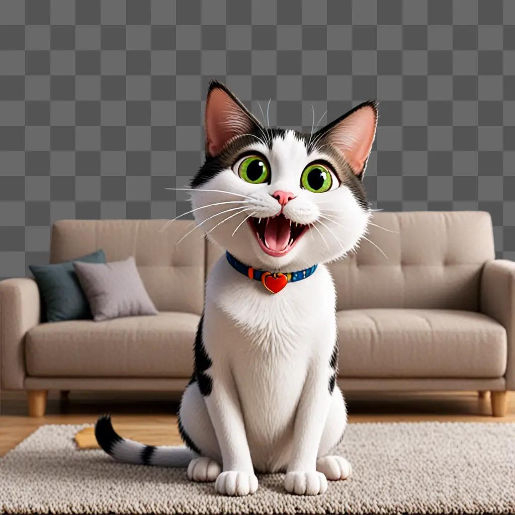 Silly cat sitting on a couch with a smile