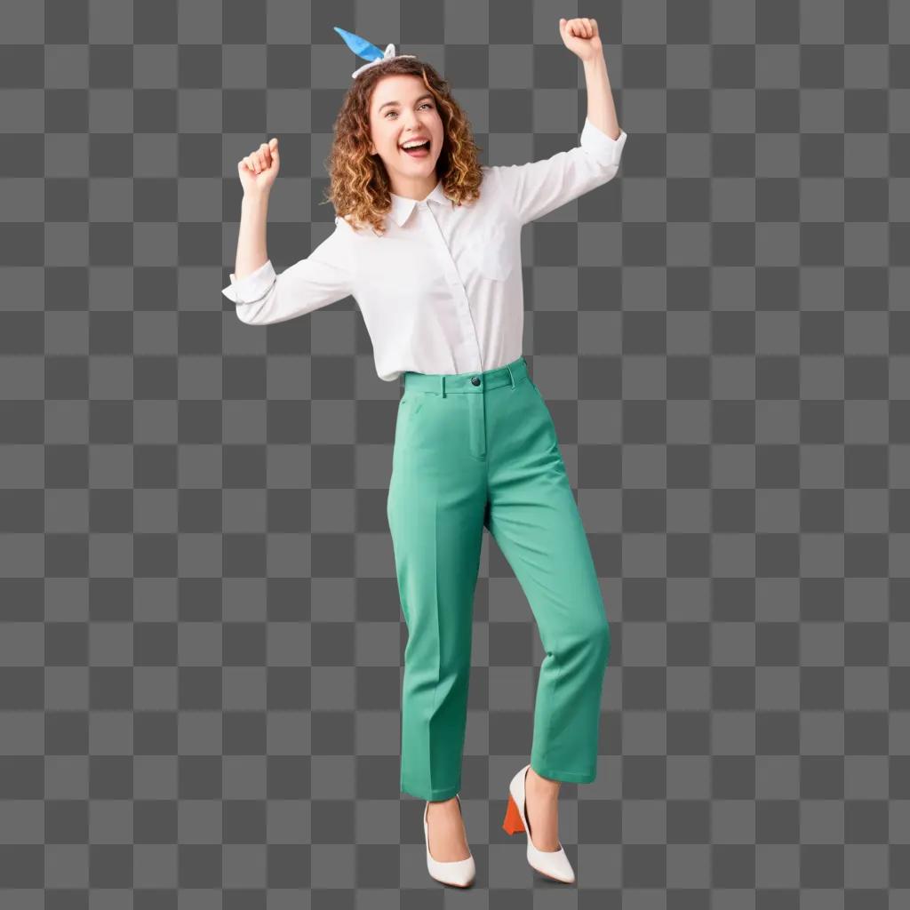 Silly girl in green pants and white shirt