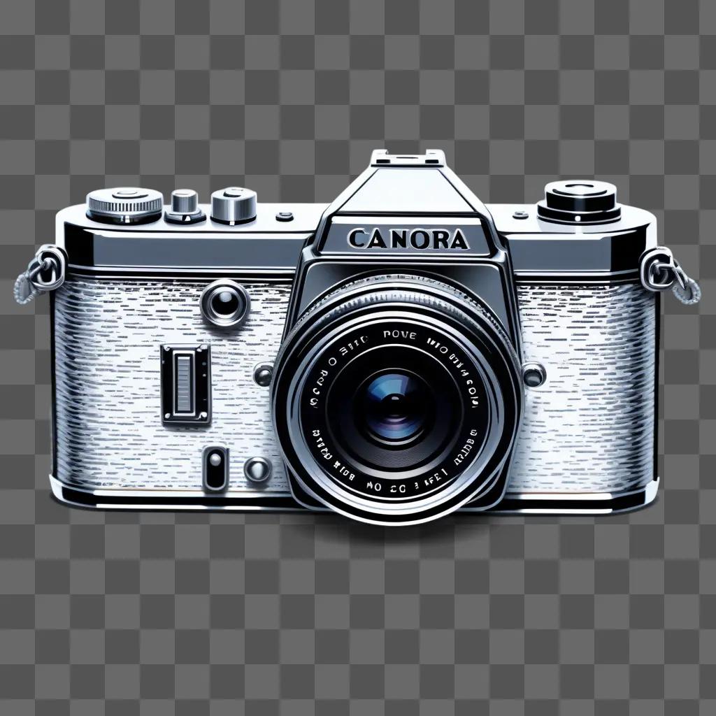 Silver Canon camera with lens and flash on gray background