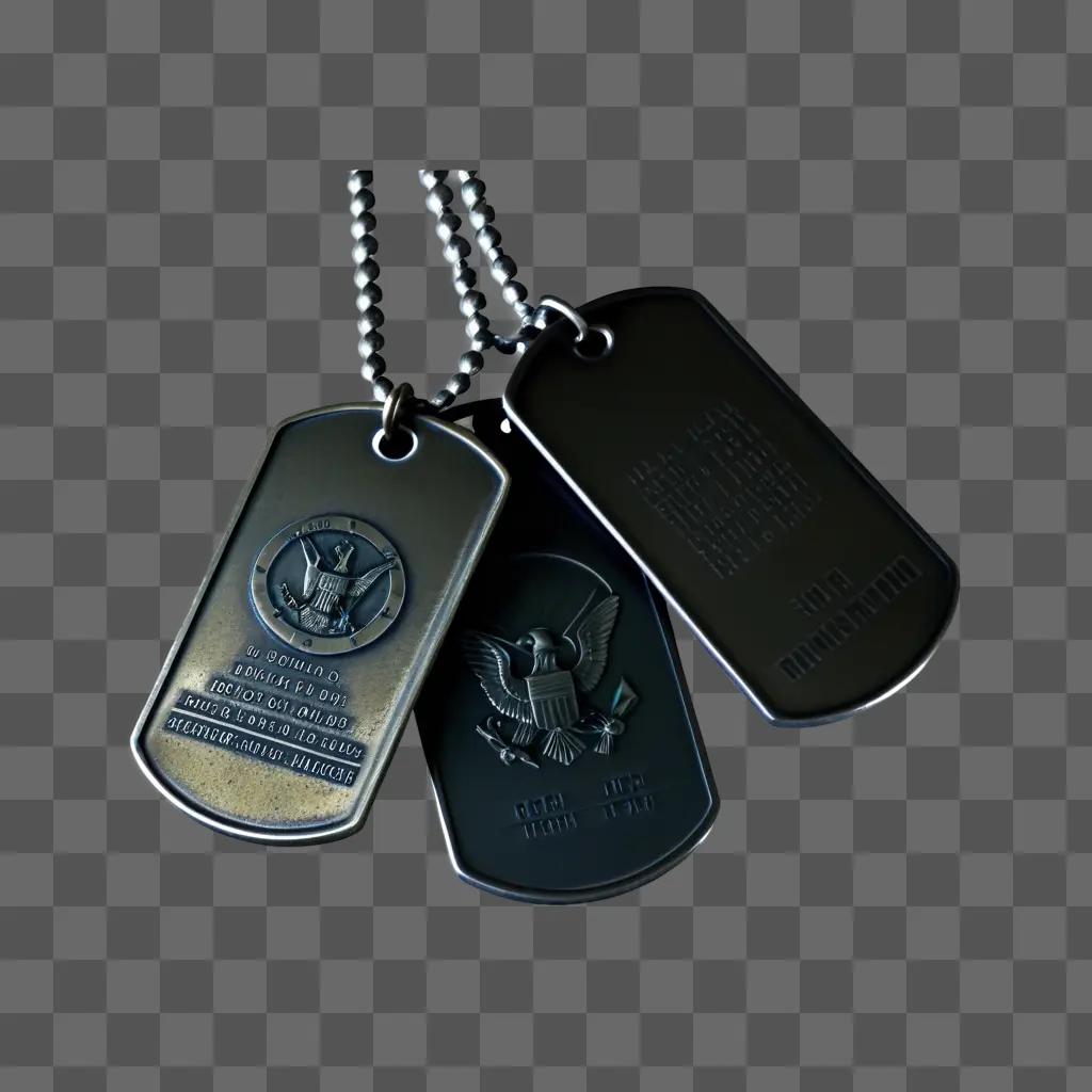 Silver dog tags with eagle and eagle insignia