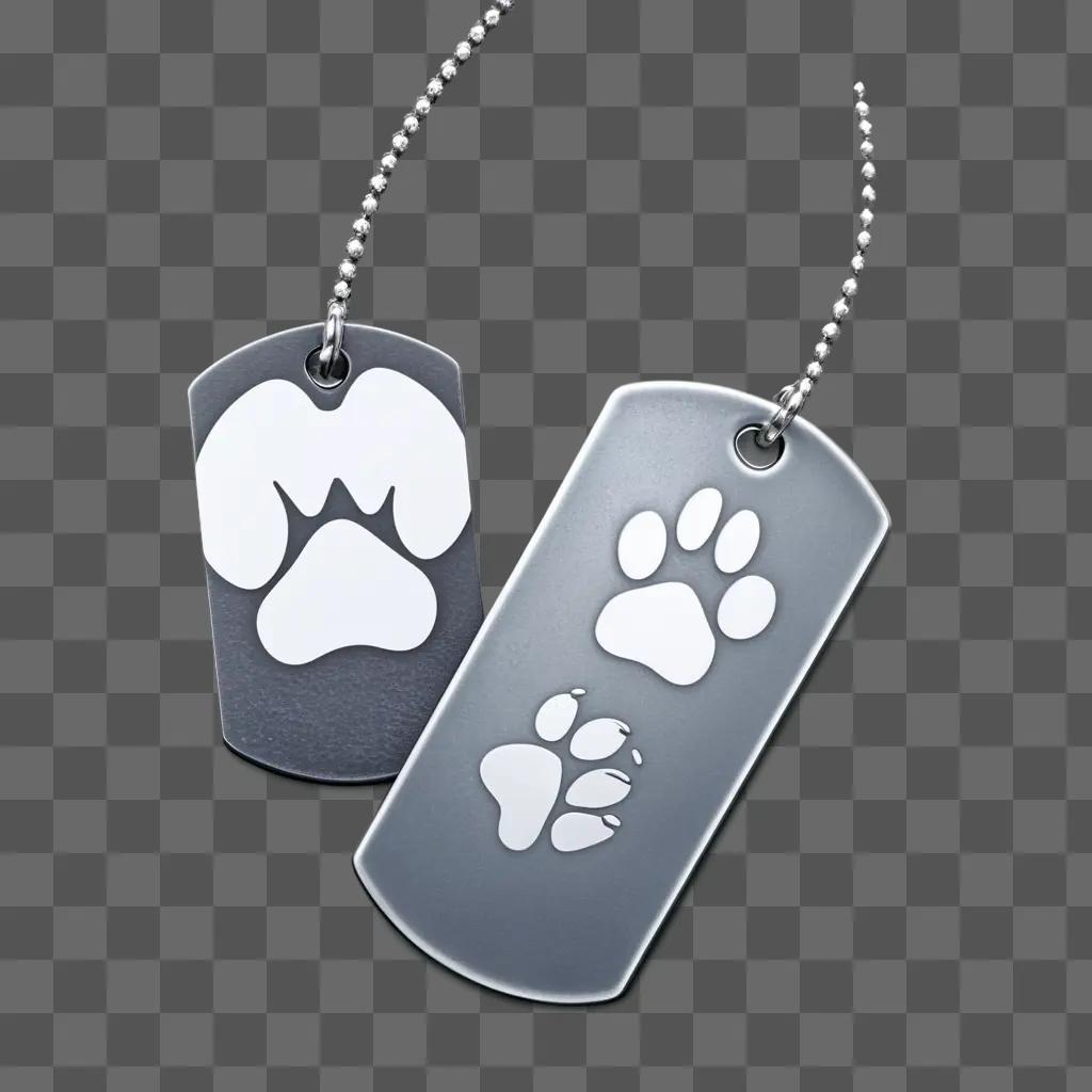 Silver dog tags with paw prints on a gray background