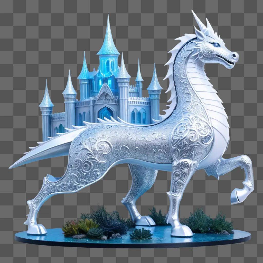 Silver dragon statue in a blue castle scene