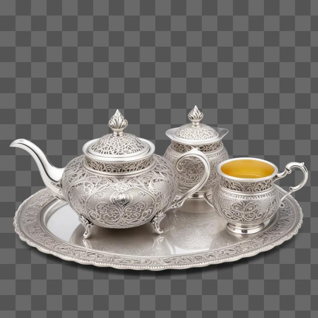 Silver filigree teapot and cup on a tray