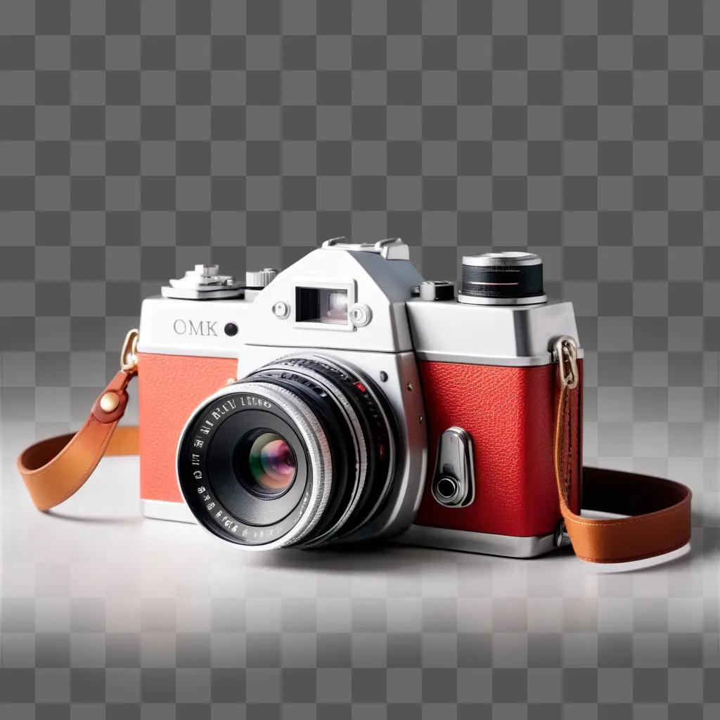 Silver film camera with leather strap on white background