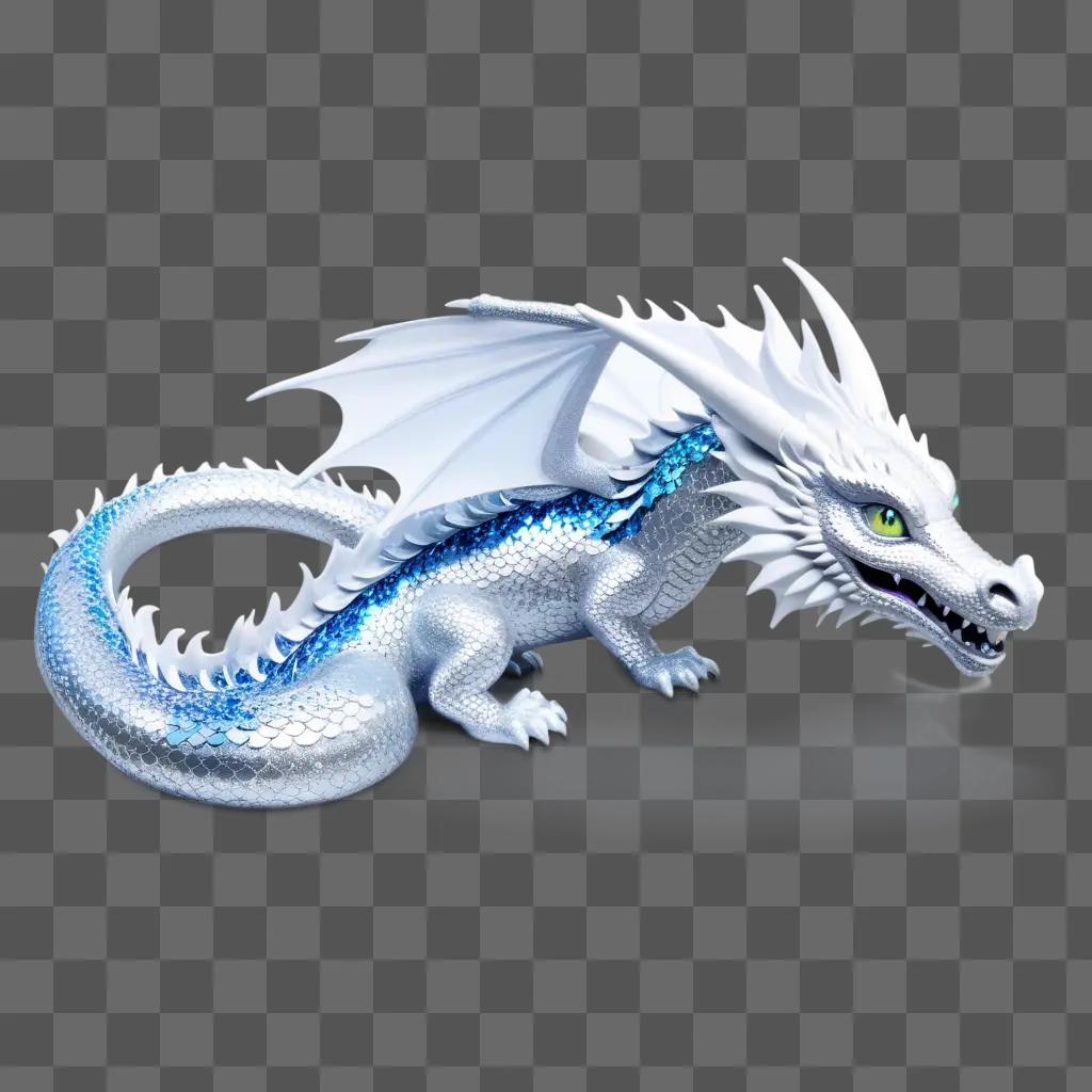 Silver glitter dragon statue on a gray background