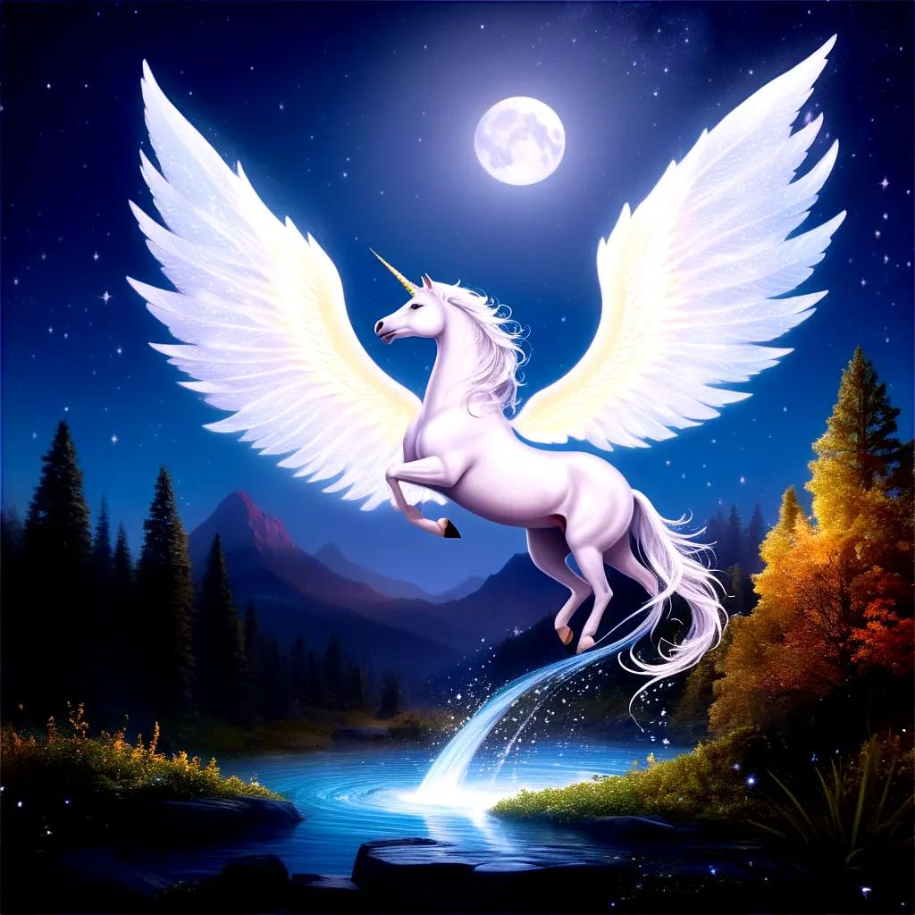 Silver glitter unicorn winged over a lake at night