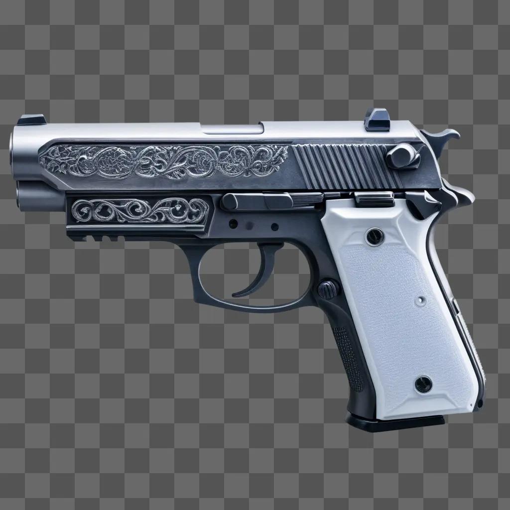 Silver gun with engraving against a grey background