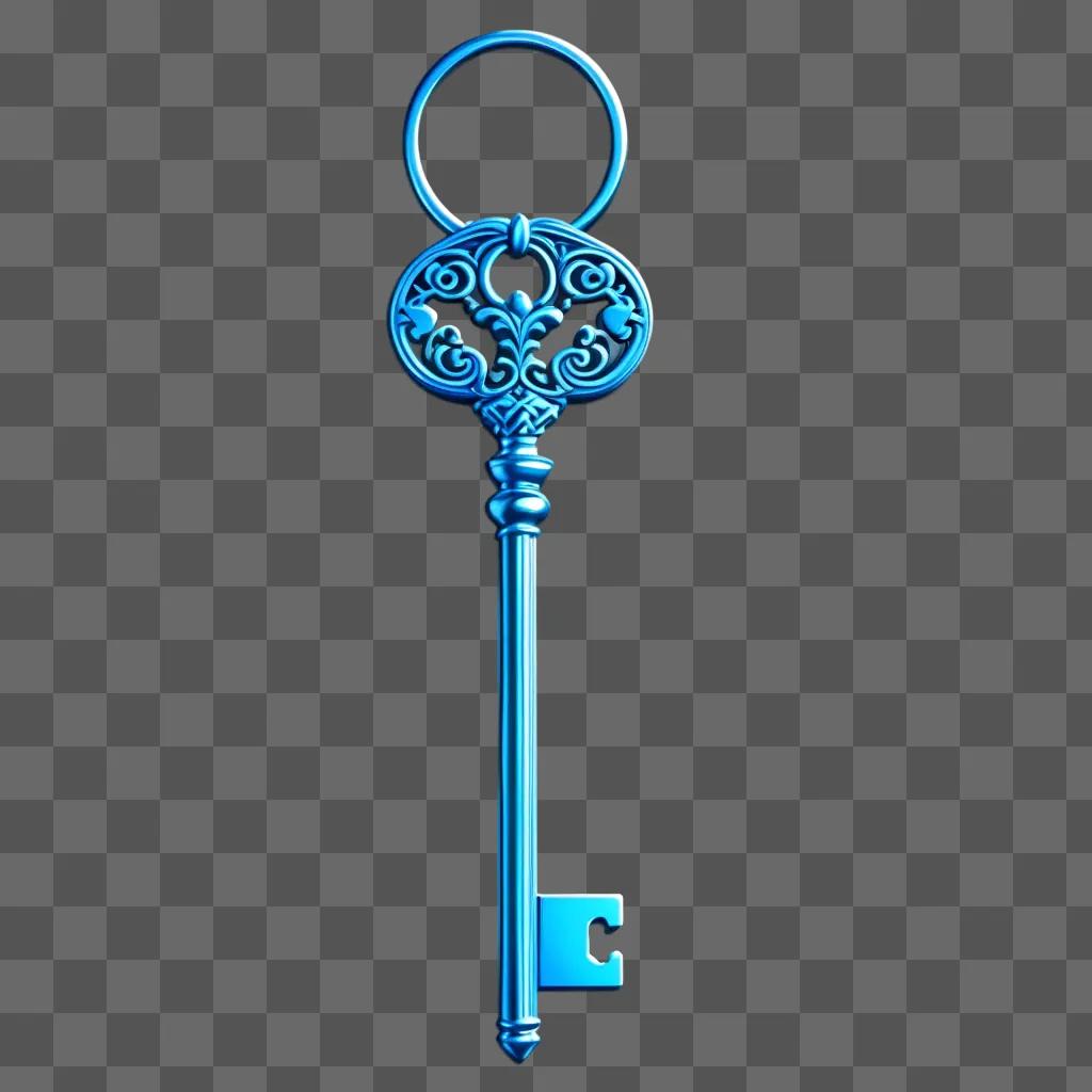 Silver key with a ring on top against a blue background