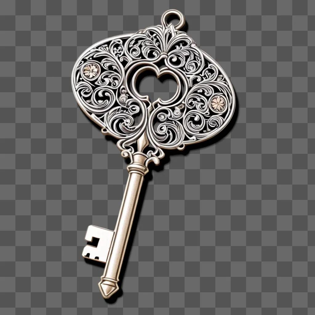 Silver key with decorative design on a gray background