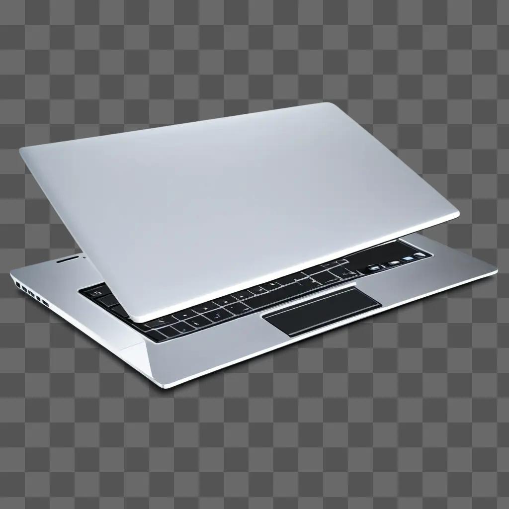 Silver laptop with black keys against a gray background