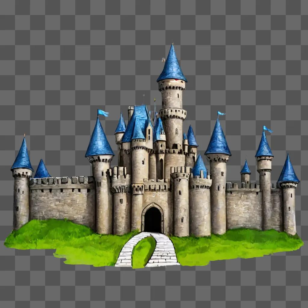 Simple castle drawing with blue flag atop