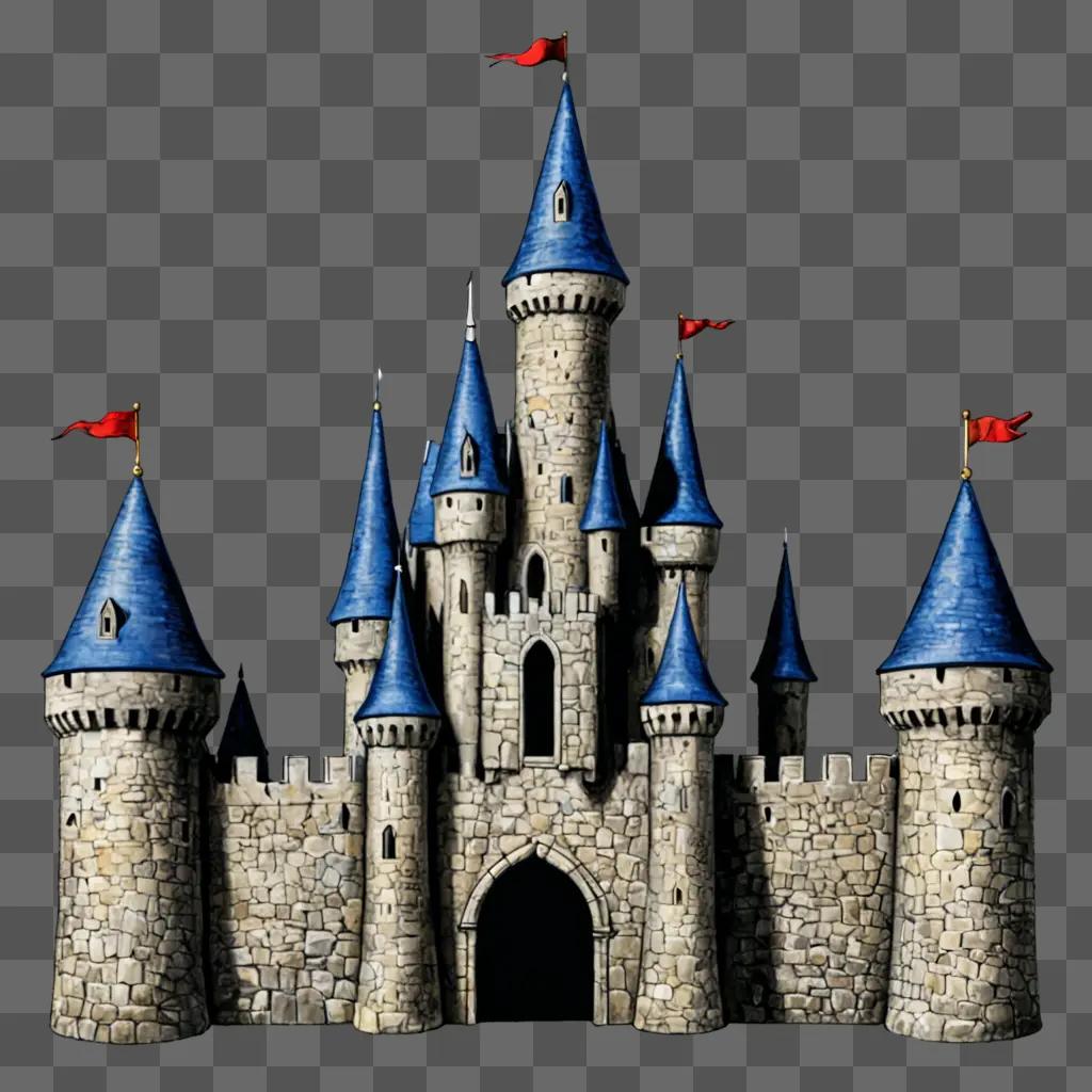 Simple castle drawing with red flags