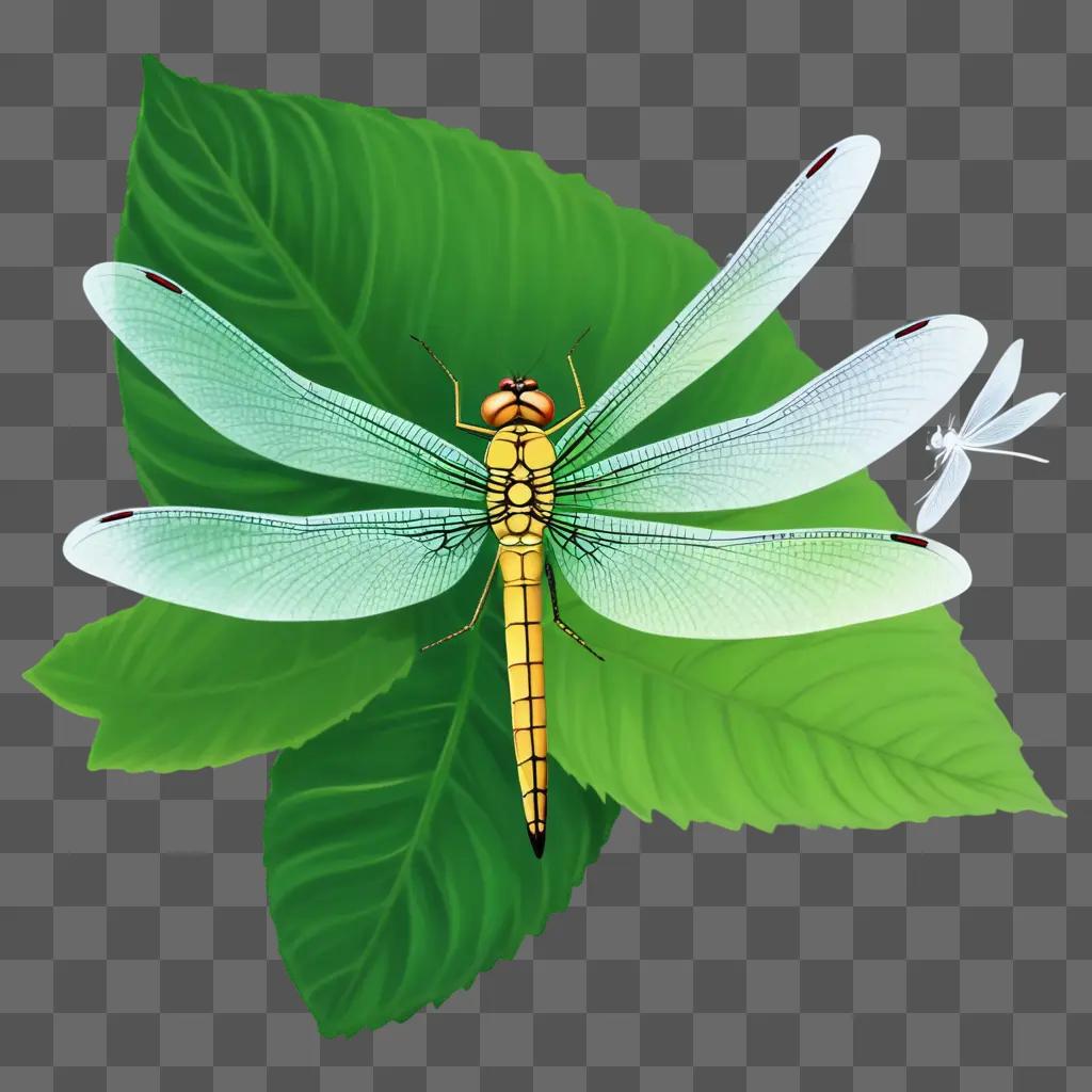 Simple dragonfly drawing on green leaves