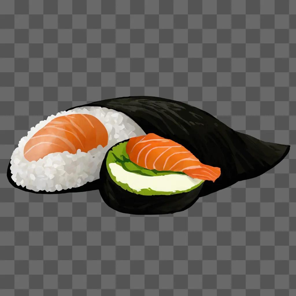 Simple sushi drawing of fish and rice on a plate