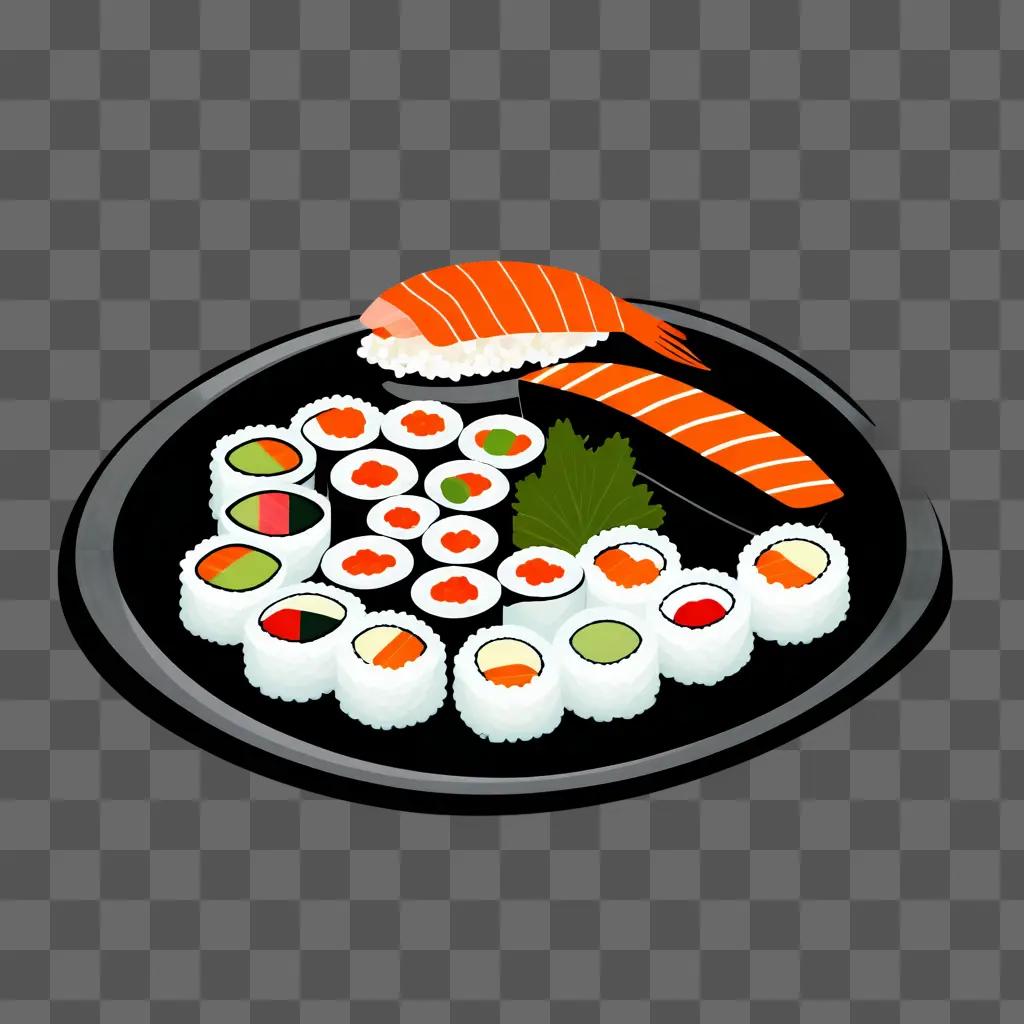 Simple sushi drawing on plate with various sushi rolls