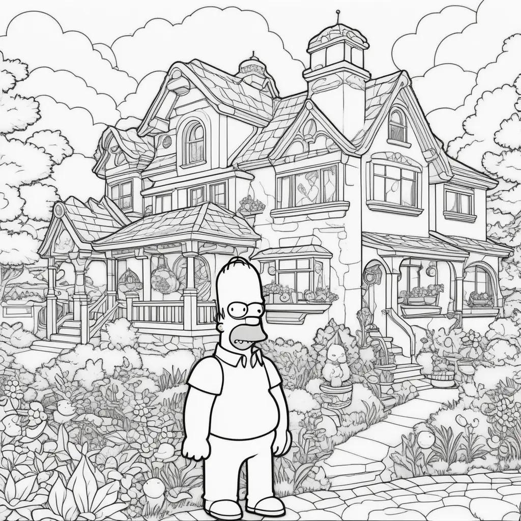 Simpsons coloring page of Homer standing in front of a house