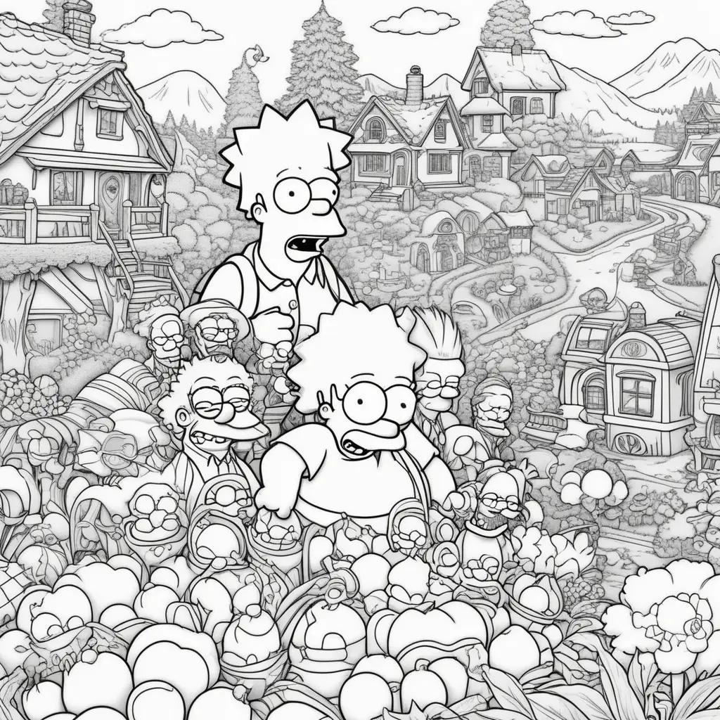 Simpsons coloring page with a bunch of cartoon people and houses