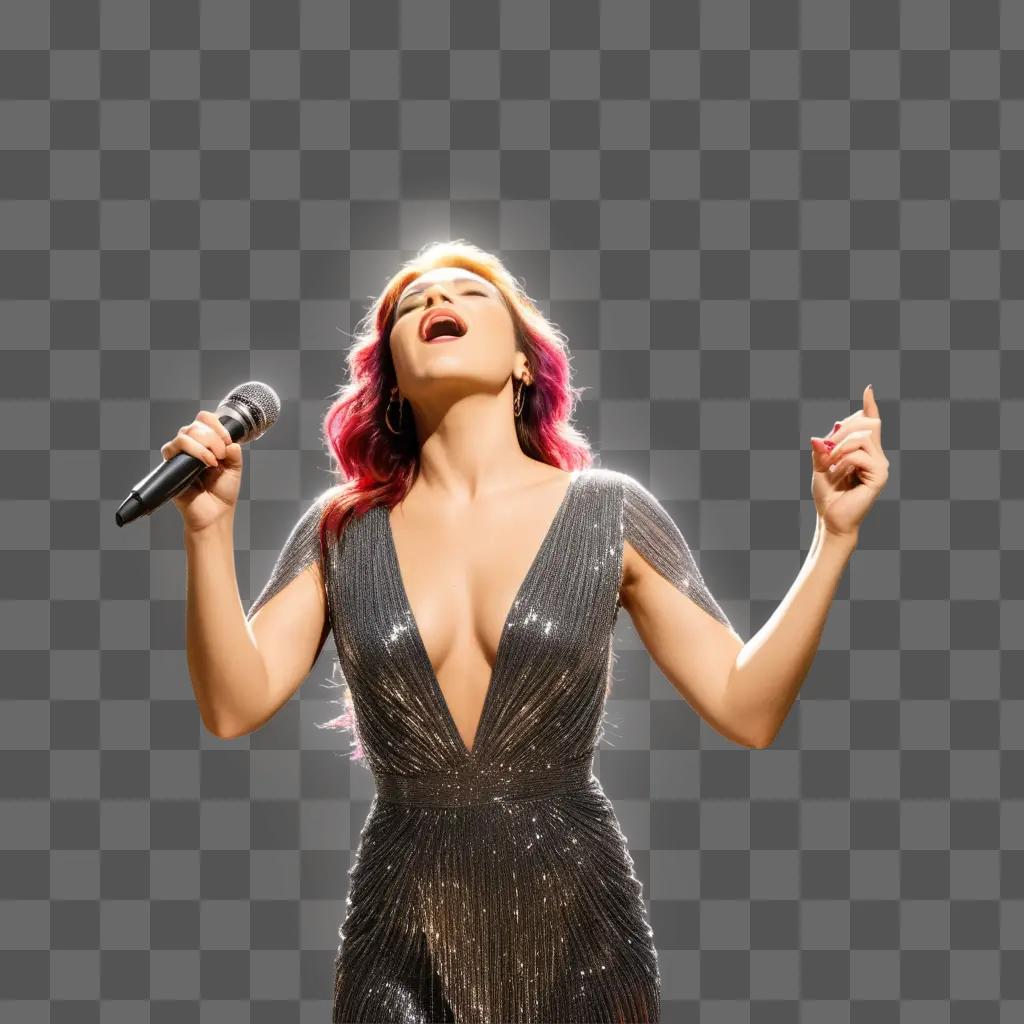 Singer in silver dress sings into microphone