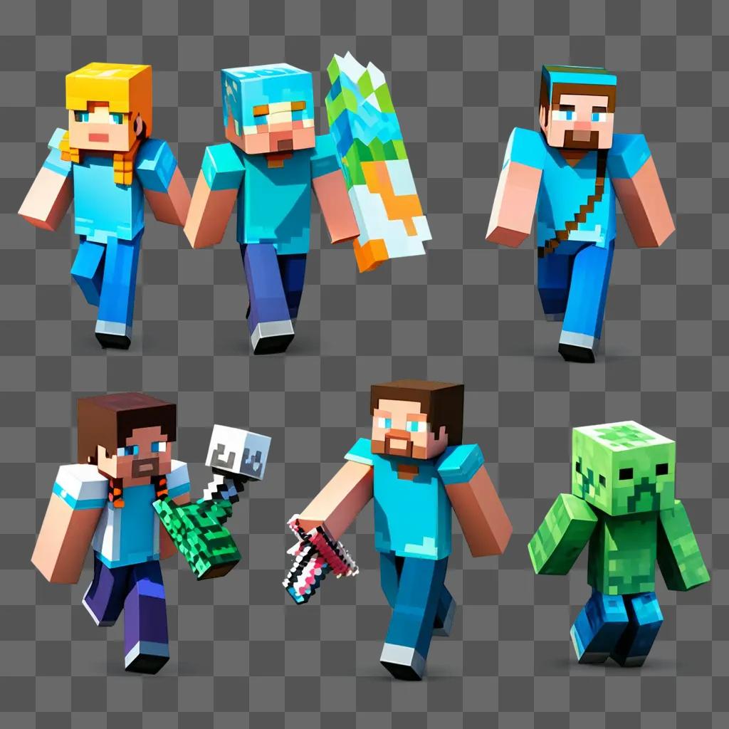 Six Minecraft characters are displayed in a square