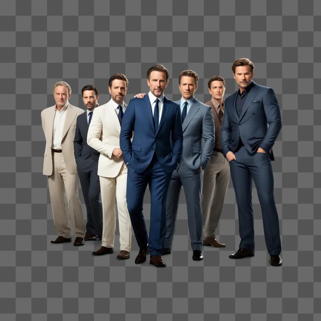 Six actors in suits pose together