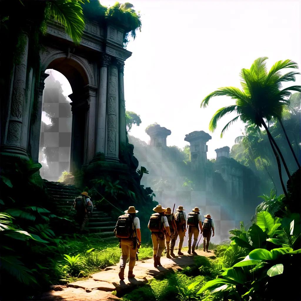 Six adventurers explore a tropical temple