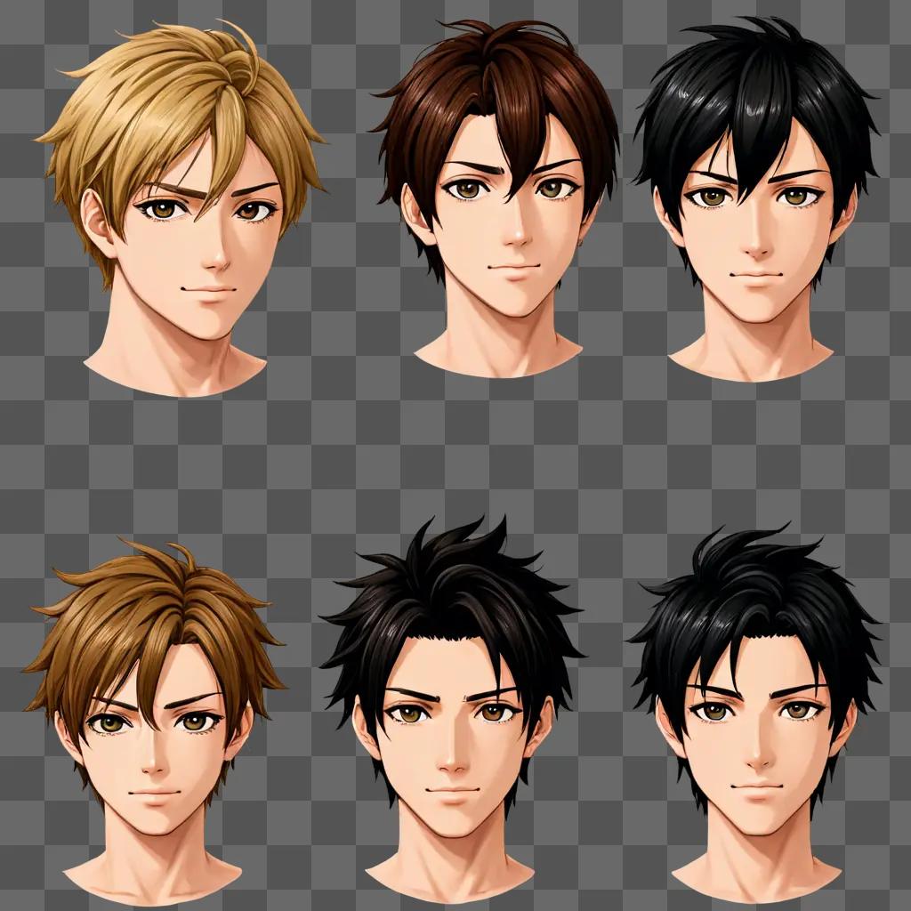 Six anime boy hairstyles displayed on a beige background