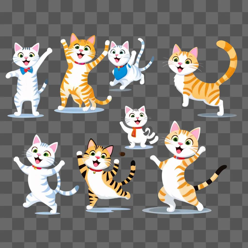 Six cartoon cats dance together in a circle