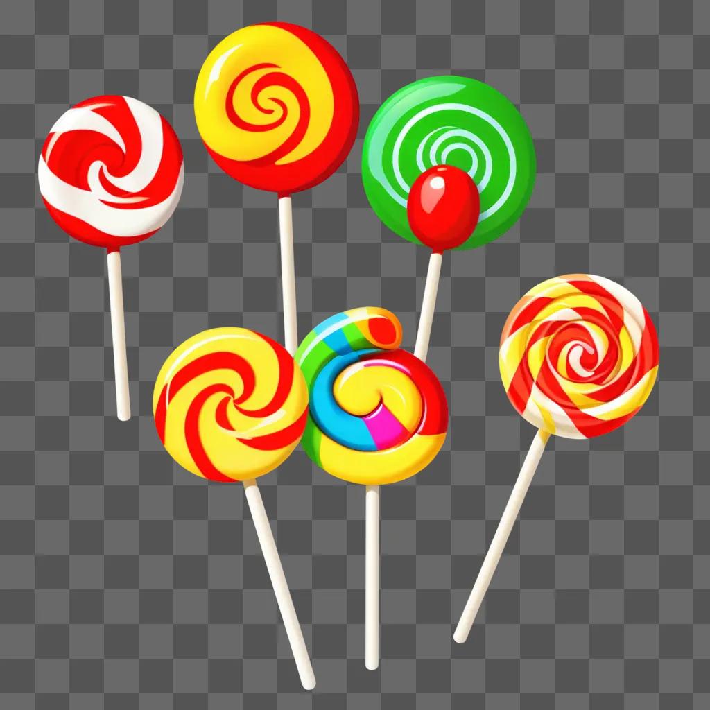 Six colorful lollipops on a beige background