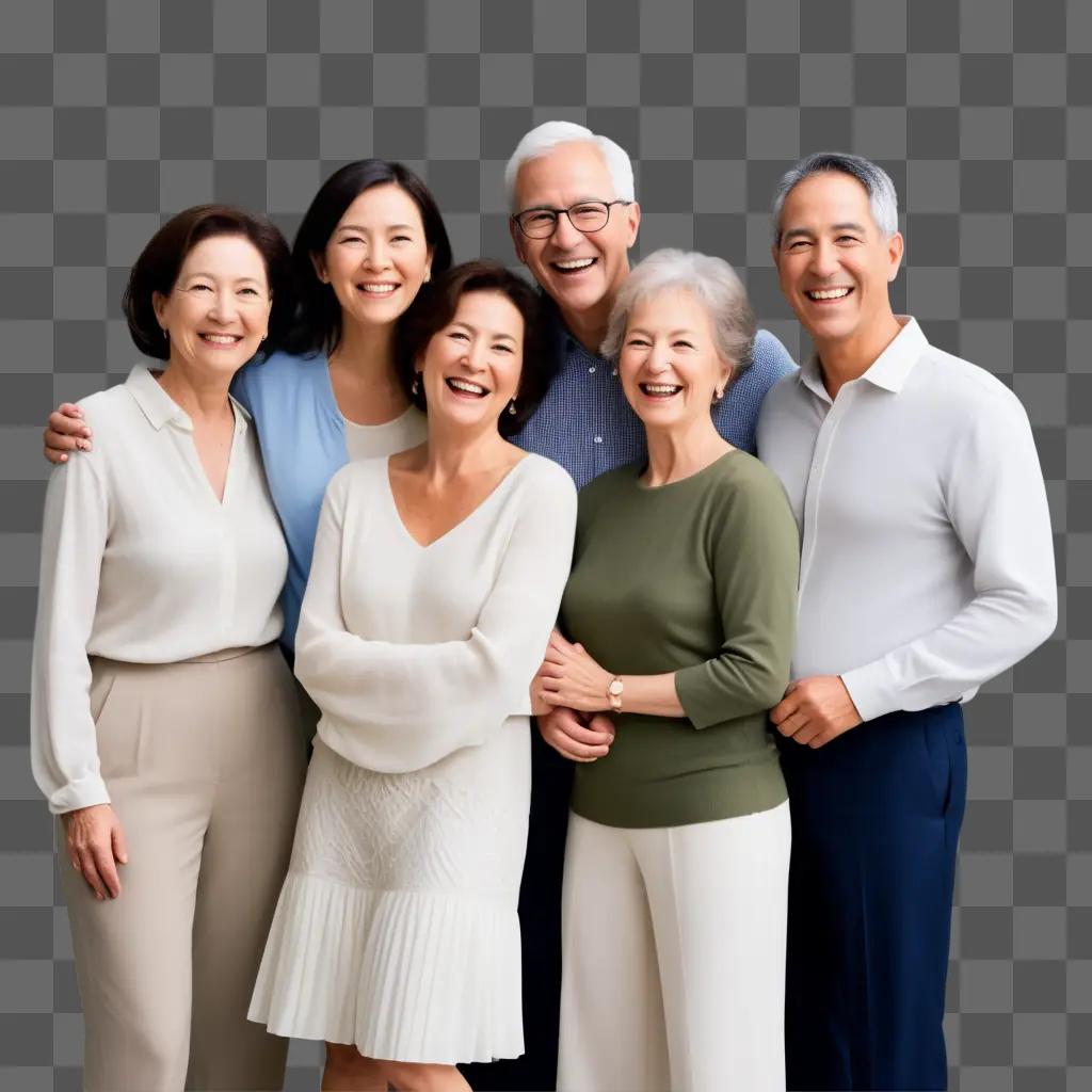 Six older people pose for a family group photo