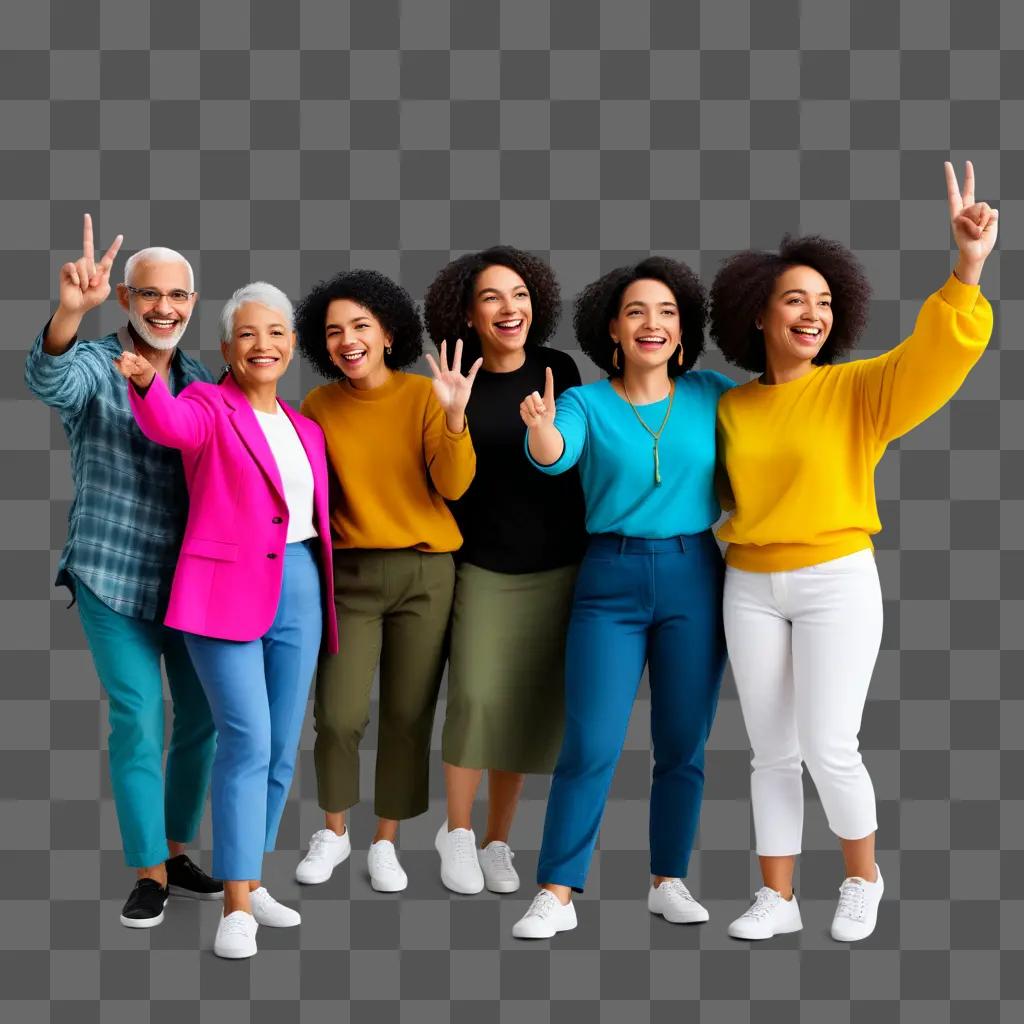 Six people from diverse backgrounds, all wearing different colored clothes, stand together and make a peace sign