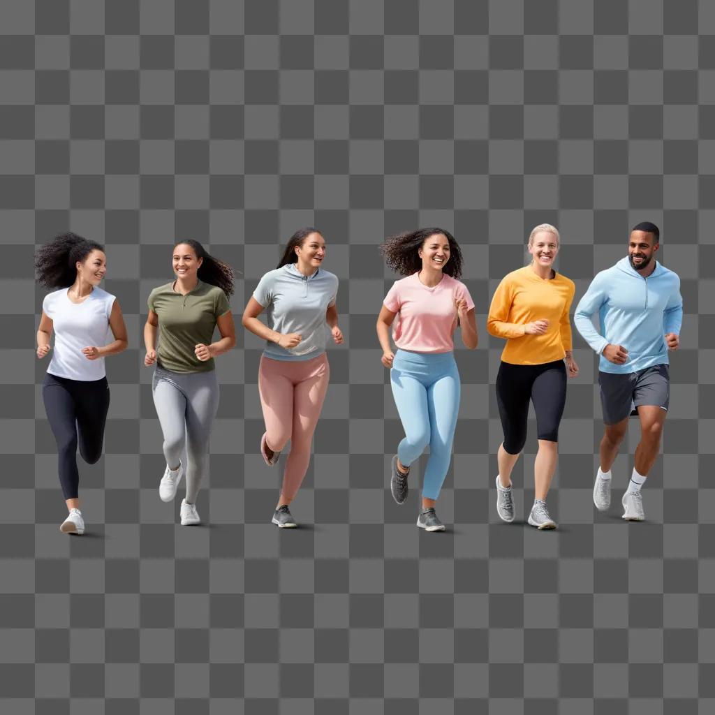 Six people running on a gray background