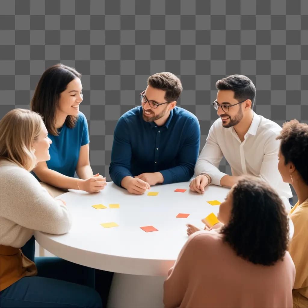 Six people sit at a table, engaged in a group discussion