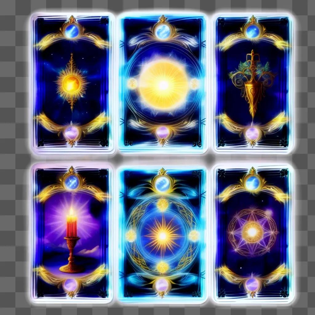 Six tarot cards with radiant colors and symbols