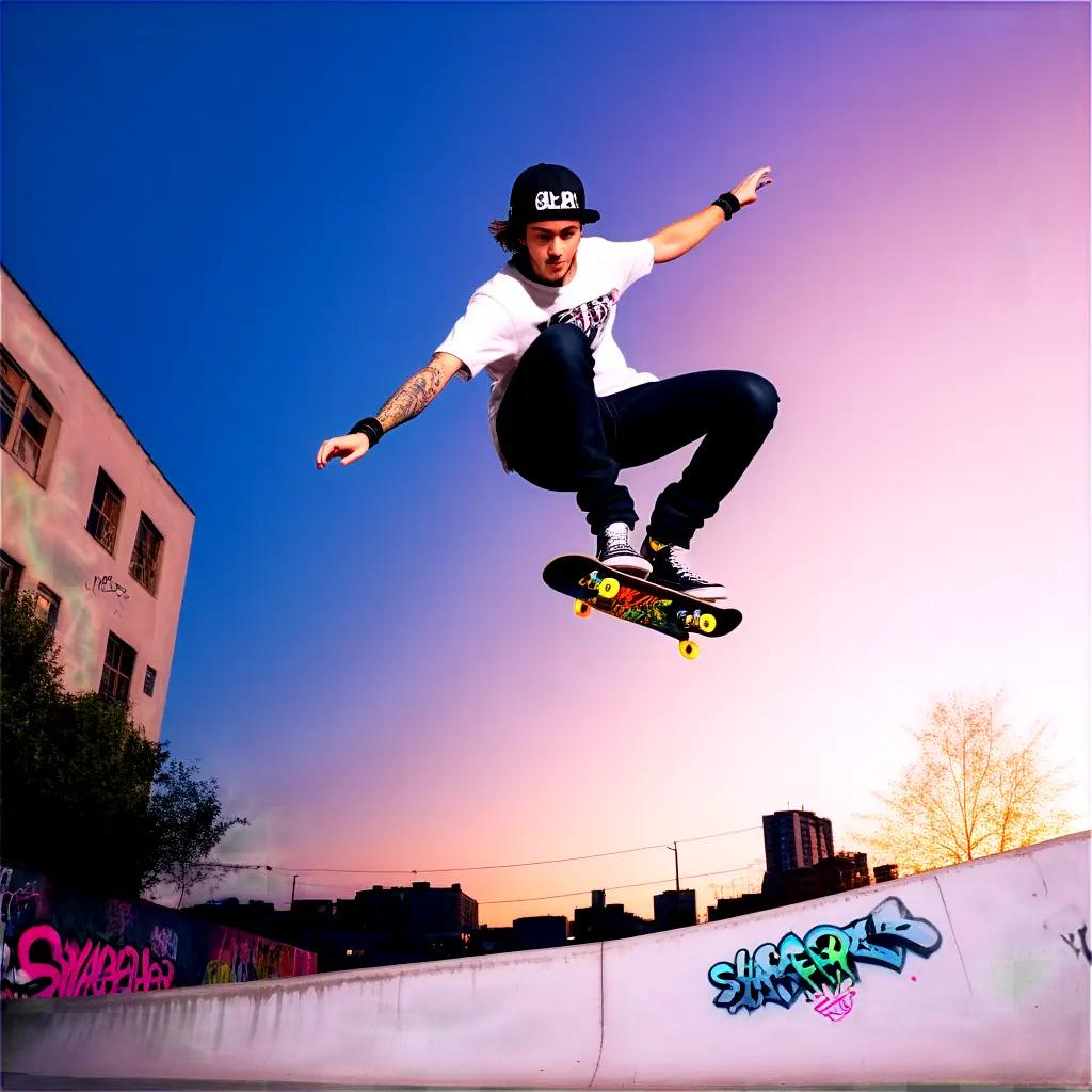 Skateboarder performs trick on concrete ramp at sunset