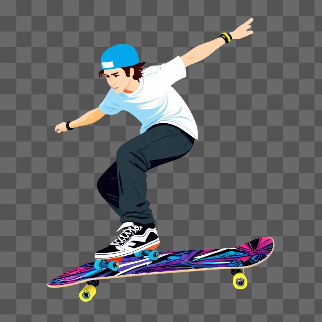 Skateboarder with a colorful skateboard in a brightly lit environment